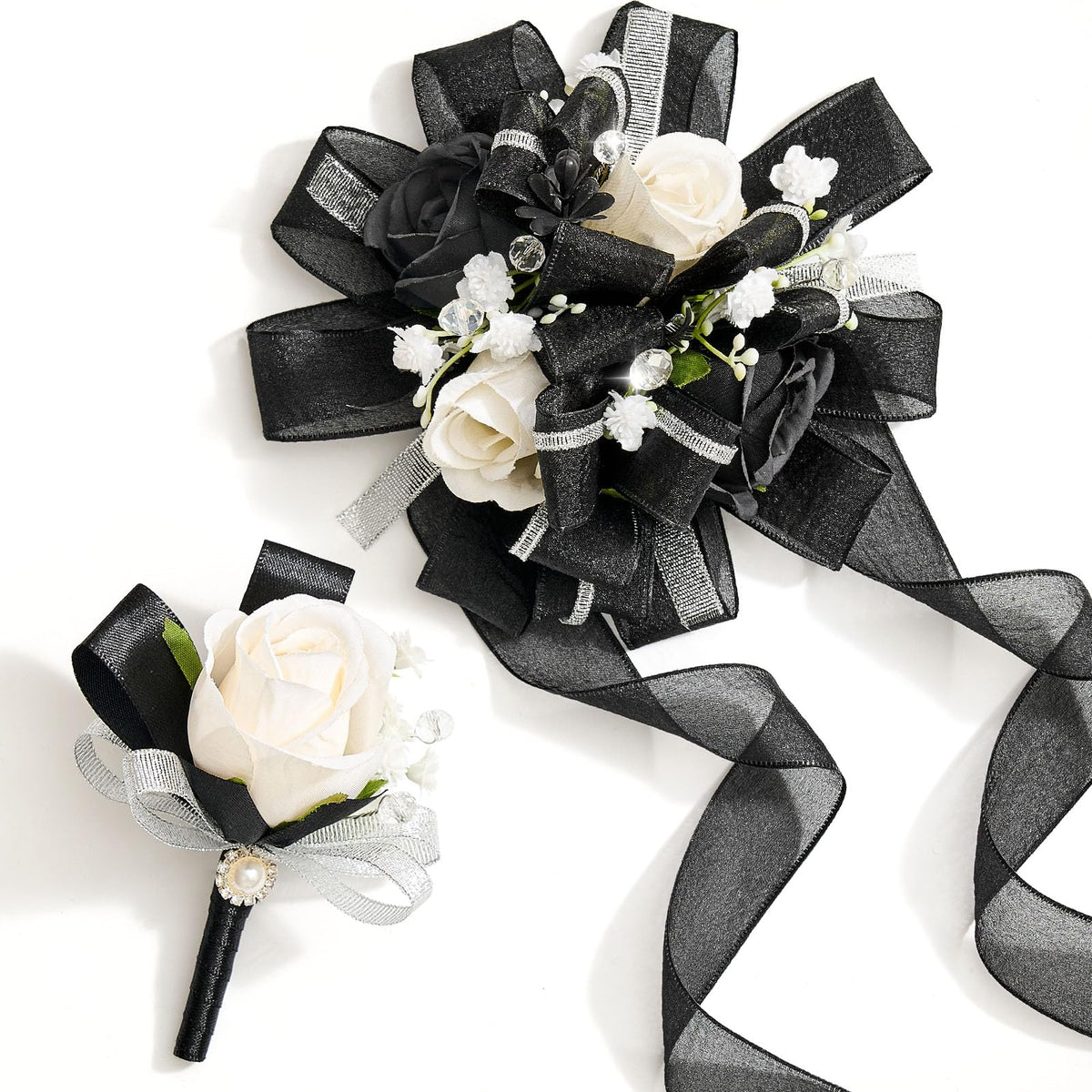 Red and Black Corsage and Boutonniere Set for Wedding Prom
