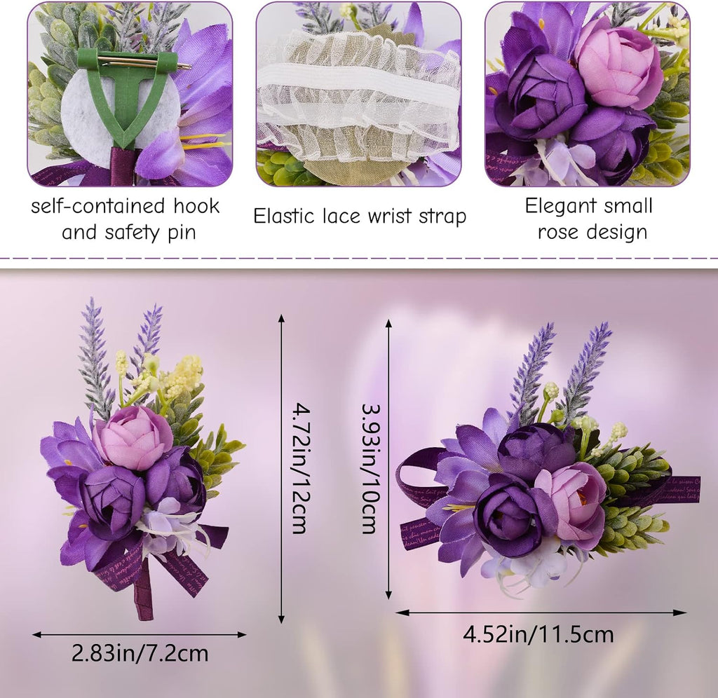Wrist Corsage and Boutonniere Set, 1 Set Small Rose Purple Hand Flower for Prom Artificial Wedding Wrist Corsage for Wedding Party Prom