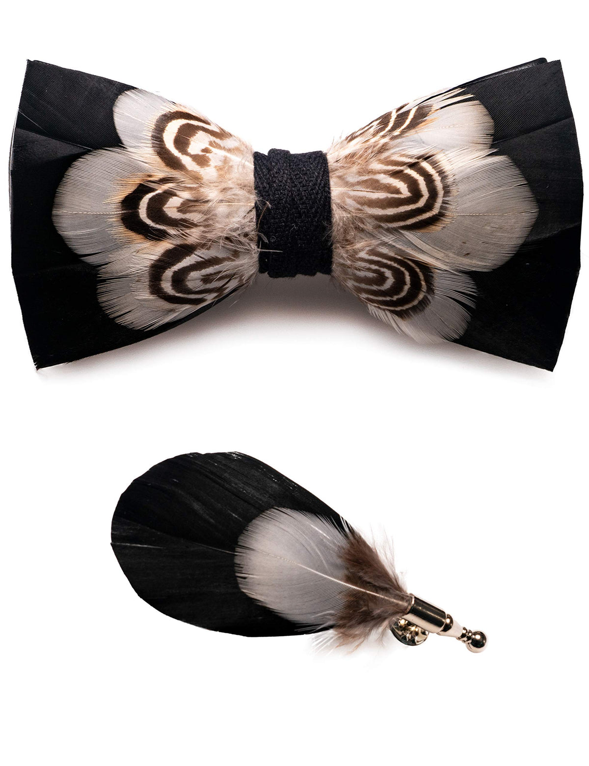 RBOCOTT Handmade Feather Pre-tied Bow tie and Brooch Sets for Men