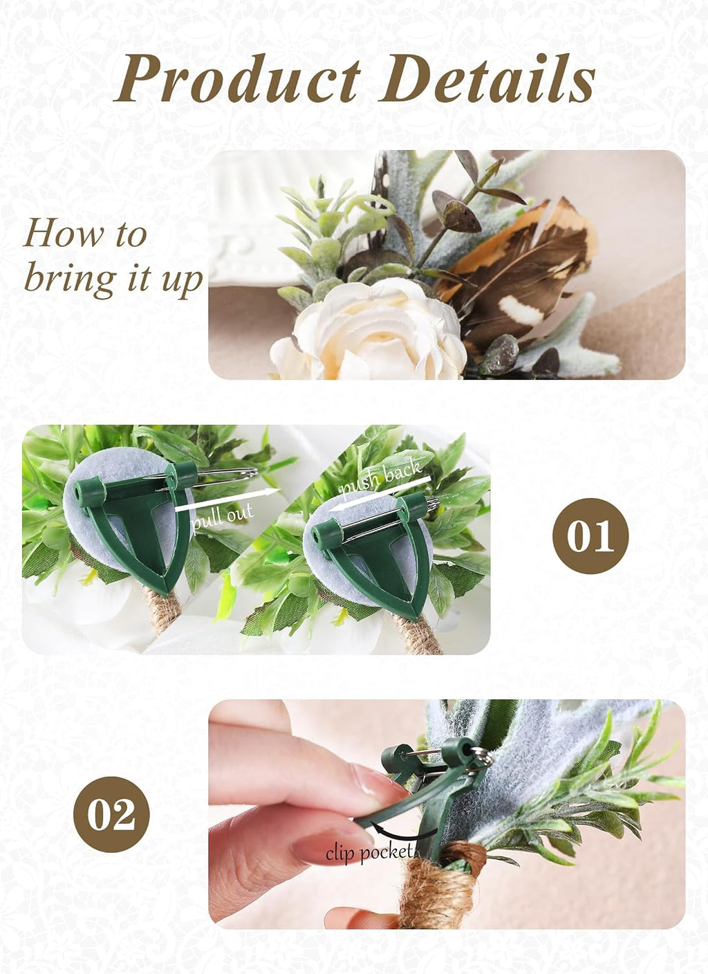 Rose Boutonniere for Men - Prom Boutonniere for Wedding Feather Rustic Boutonnieres for Groom Boho Corsage for Groomsmen Anniversary Formal Dinner Party Ceremony Celebration