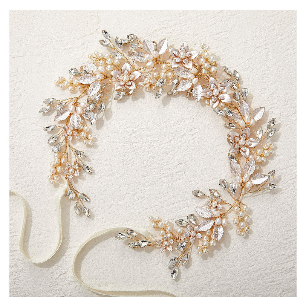 SWEETV Handmade Rhinestone Wedding Headband Flower-Leaf Bridal Headpieces for Wedding Pearl Hair Accessories (Silver)