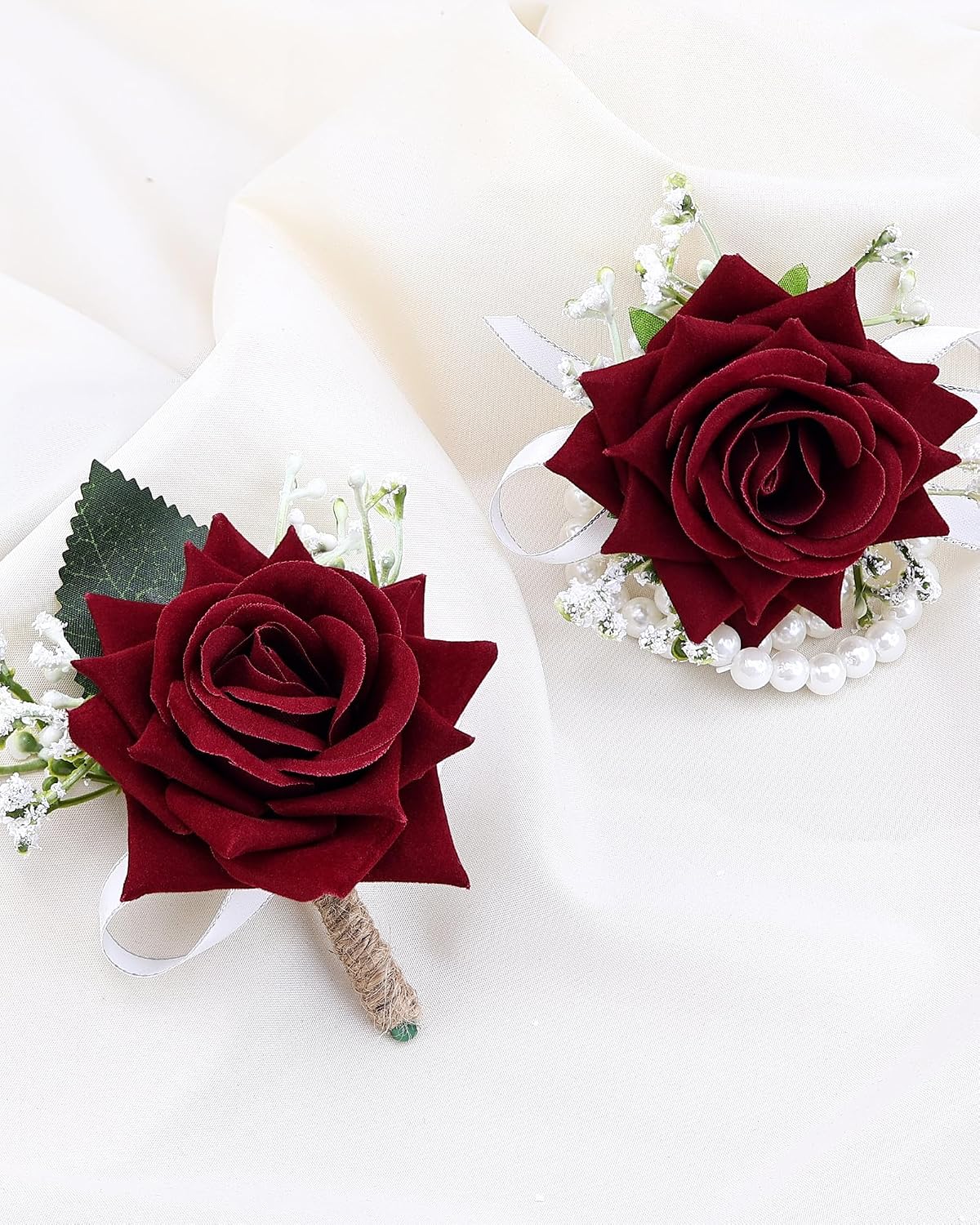 2Pcs Burgundy Rose Corsage and Boutonniere Set, Wrist Corsage with Double Pearl Bracelet and Boutonniere for Men with Pin Clip for Wedding Prom Homecoming Party Suit Decorations