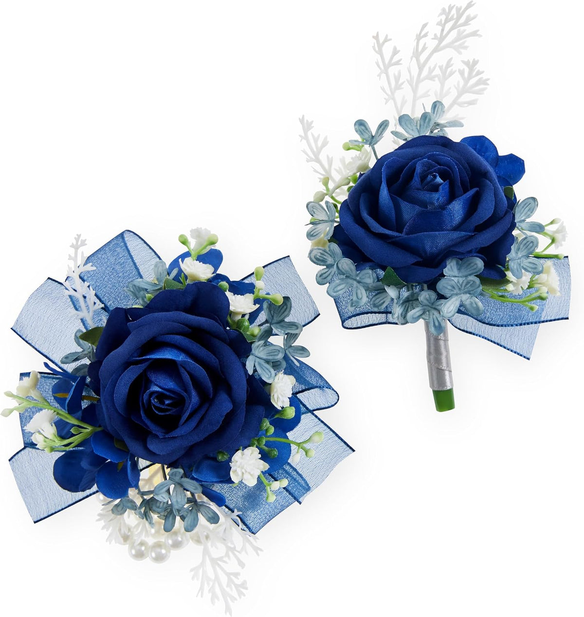 2 Pcs Blue Wrist Corsage and Boutonniere Set