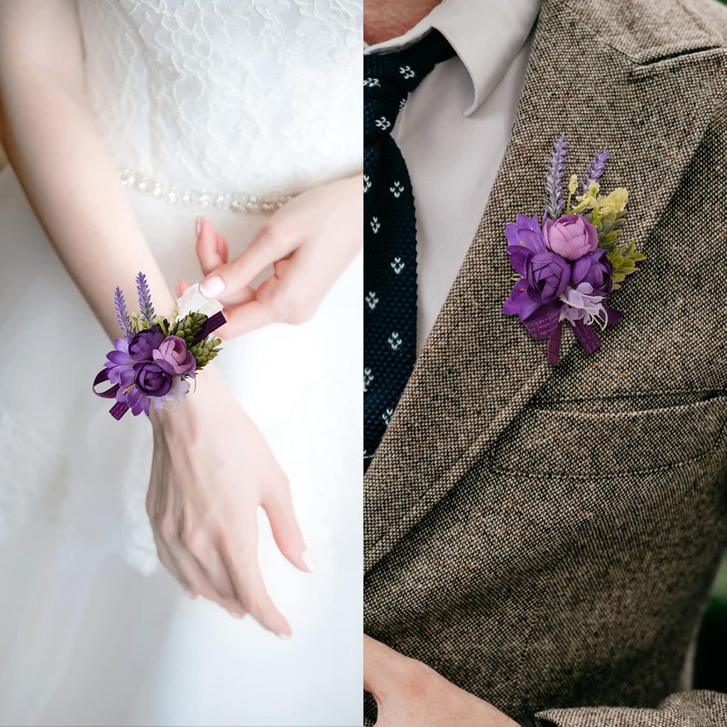 Wrist Corsage and Boutonniere Set, 1 Set Small Rose Purple Hand Flower for Prom Artificial Wedding Wrist Corsage for Wedding Party Prom