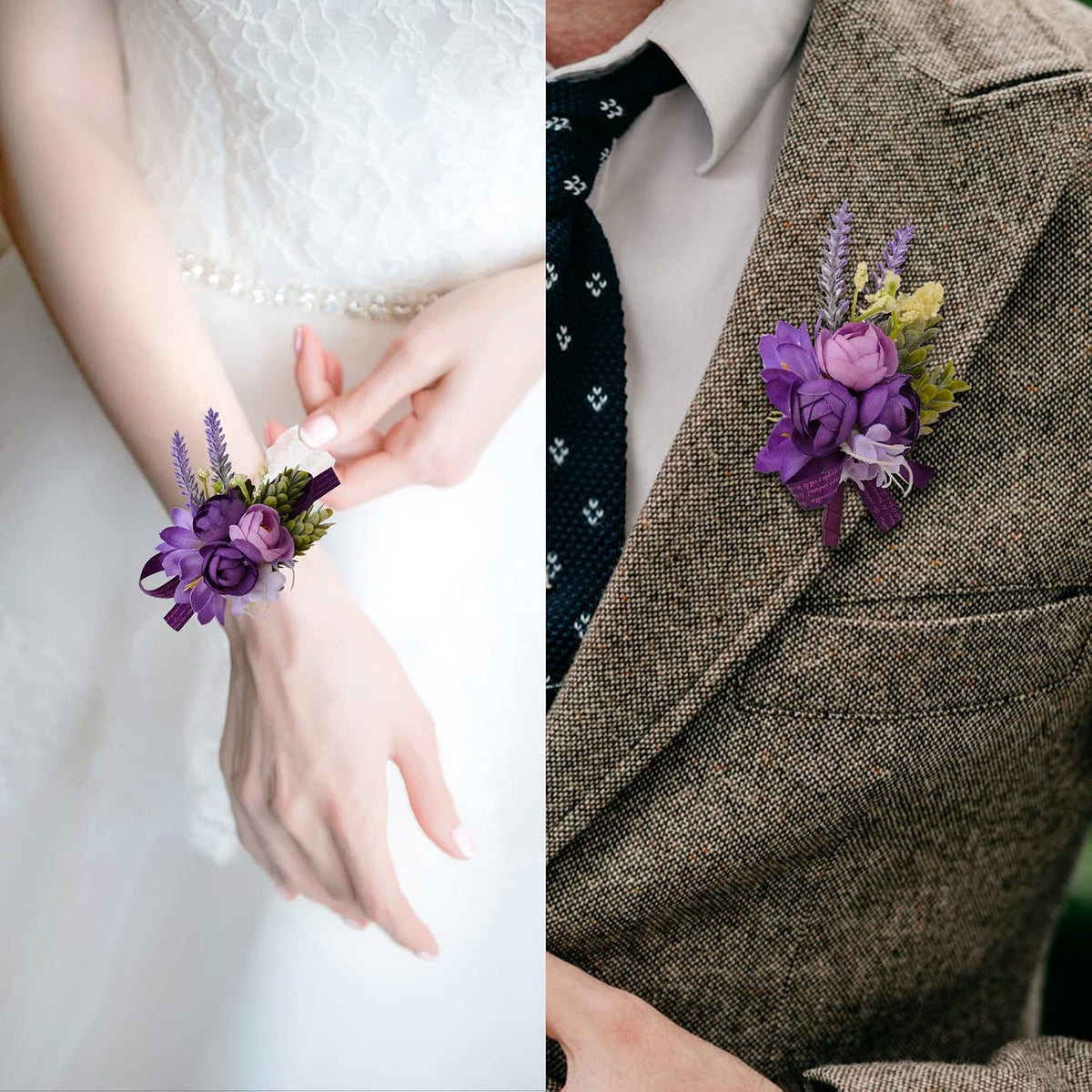 Wrist Corsage and Boutonniere Set, 1 Set Small Rose Purple Hand Flower for Prom Artificial Wedding Wrist Corsage for Wedding Party Prom