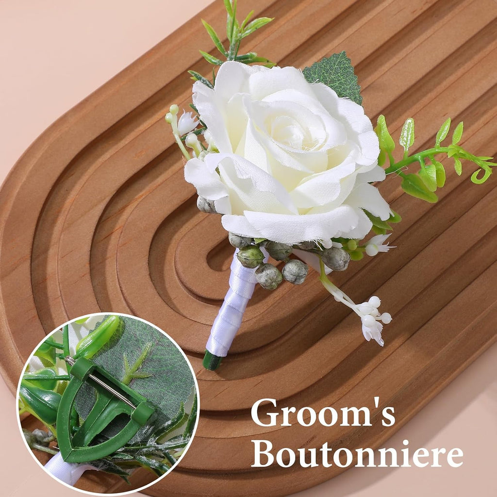 White Boutonniere for Men, Rose Groom Flower Buttonholes, Mens Boutonniere for Weddings Prom, Grooms Prom Party Suit Decoration Wedding Ceremony Anniversary Party Homecoming