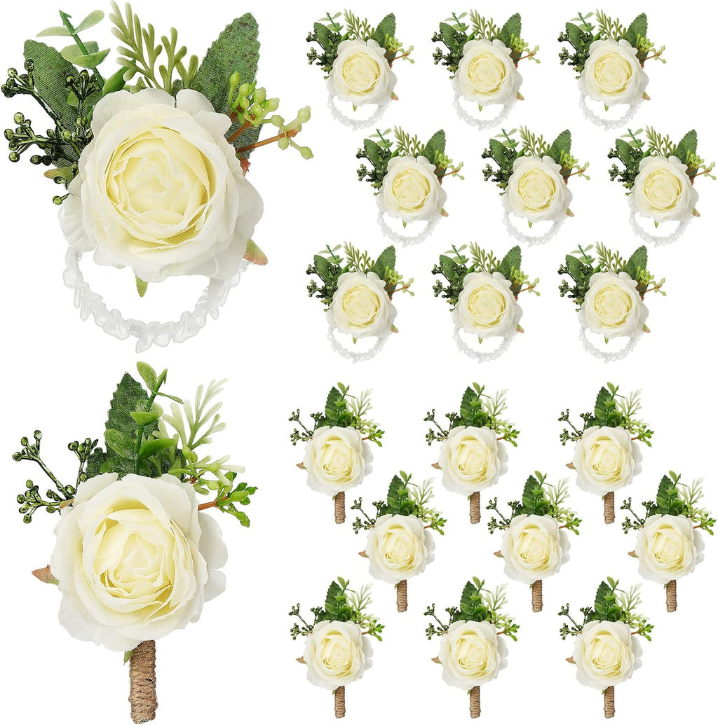 Sherr 20 Pcs Rose Corsage and Boutonniere Set for Wedding, White
