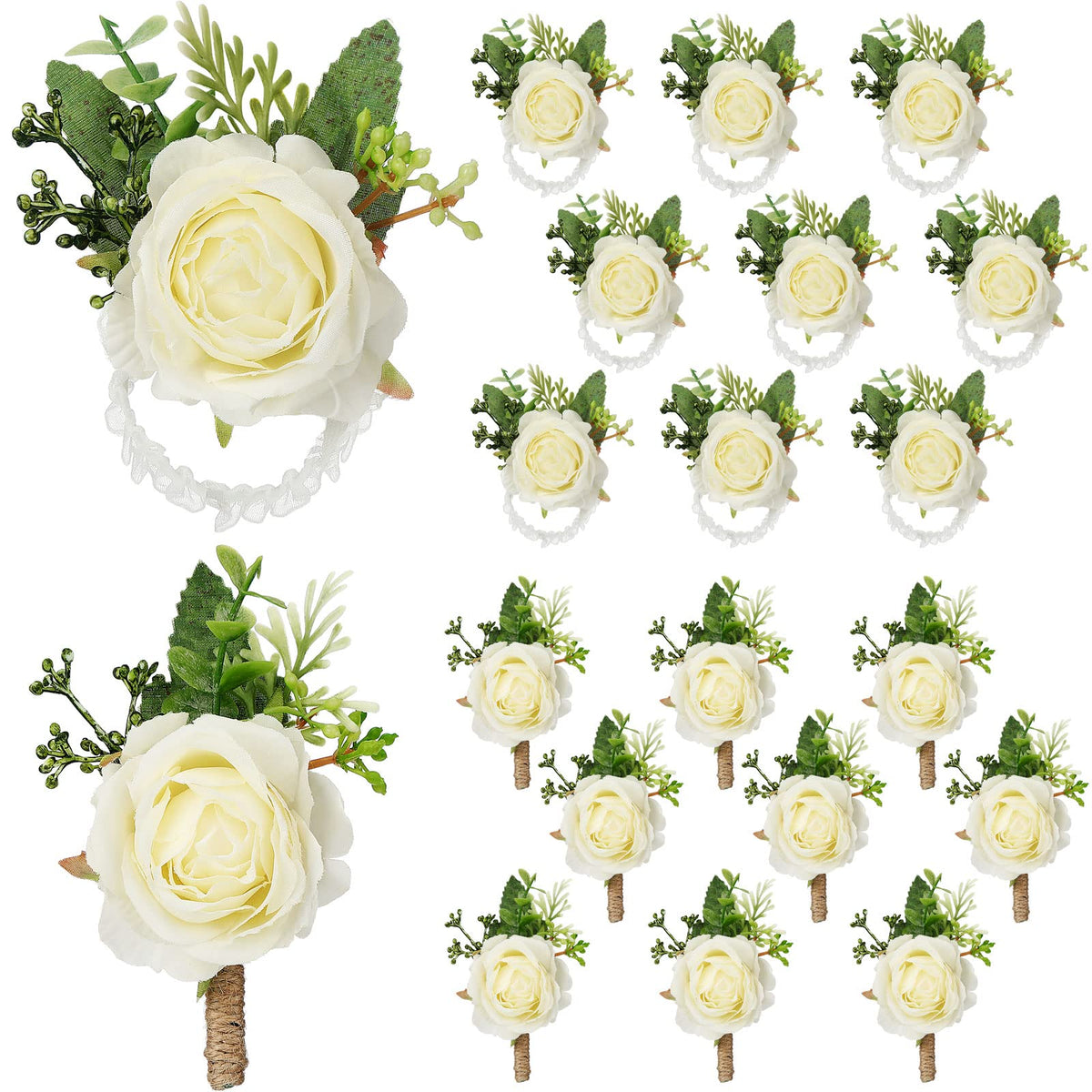 Sherr 20 Pcs Rose Corsage and Boutonniere Set for Wedding, White