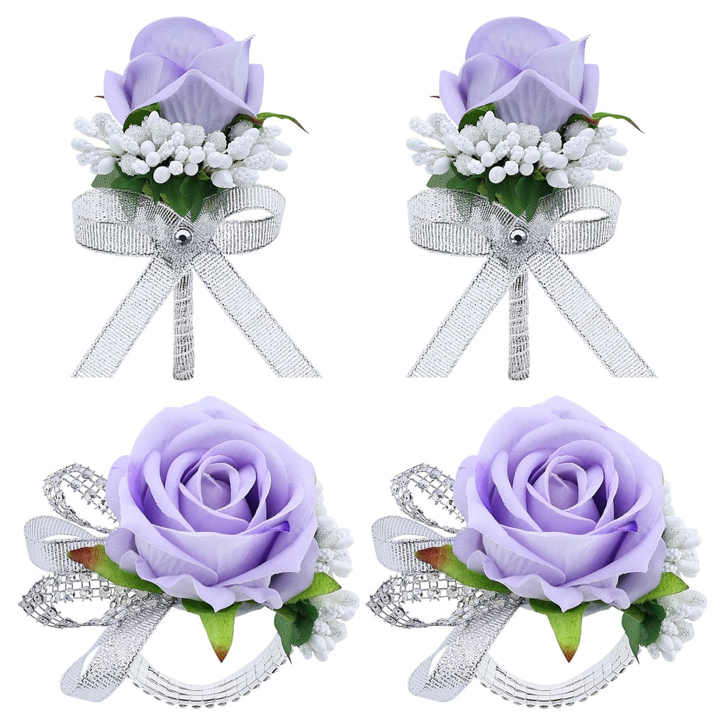 2Pcs Black Rose Corsage and Men Boutonniere Set Women Wristlet Band Wrist Bracelets, for Prom Wedding Ceremony Flowers Decorations and Homecoming Party Accessories