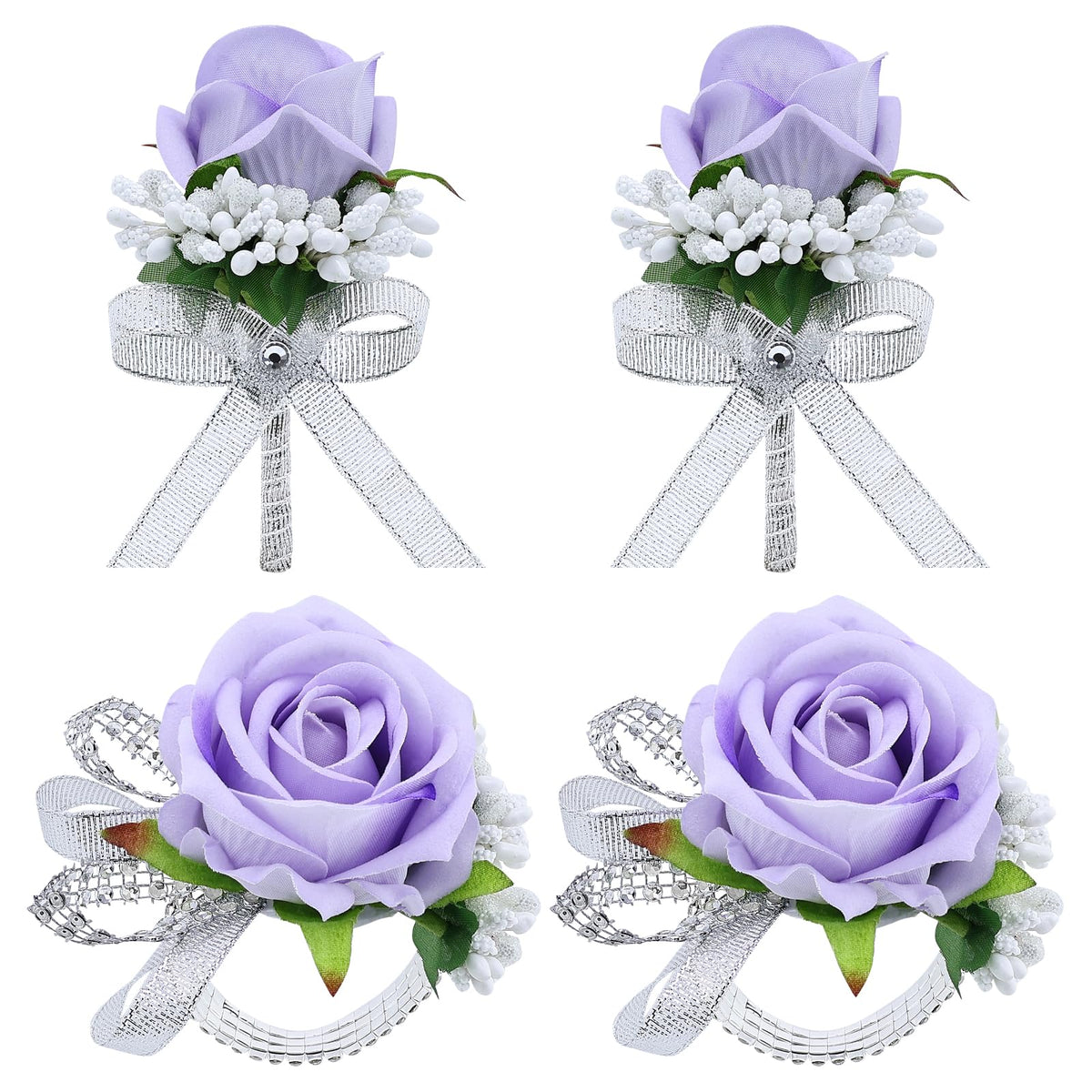 2Pcs Black Rose Corsage and Men Boutonniere Set Women Wristlet Band Wrist Bracelets, for Prom Wedding Ceremony Flowers Decorations and Homecoming Party Accessories