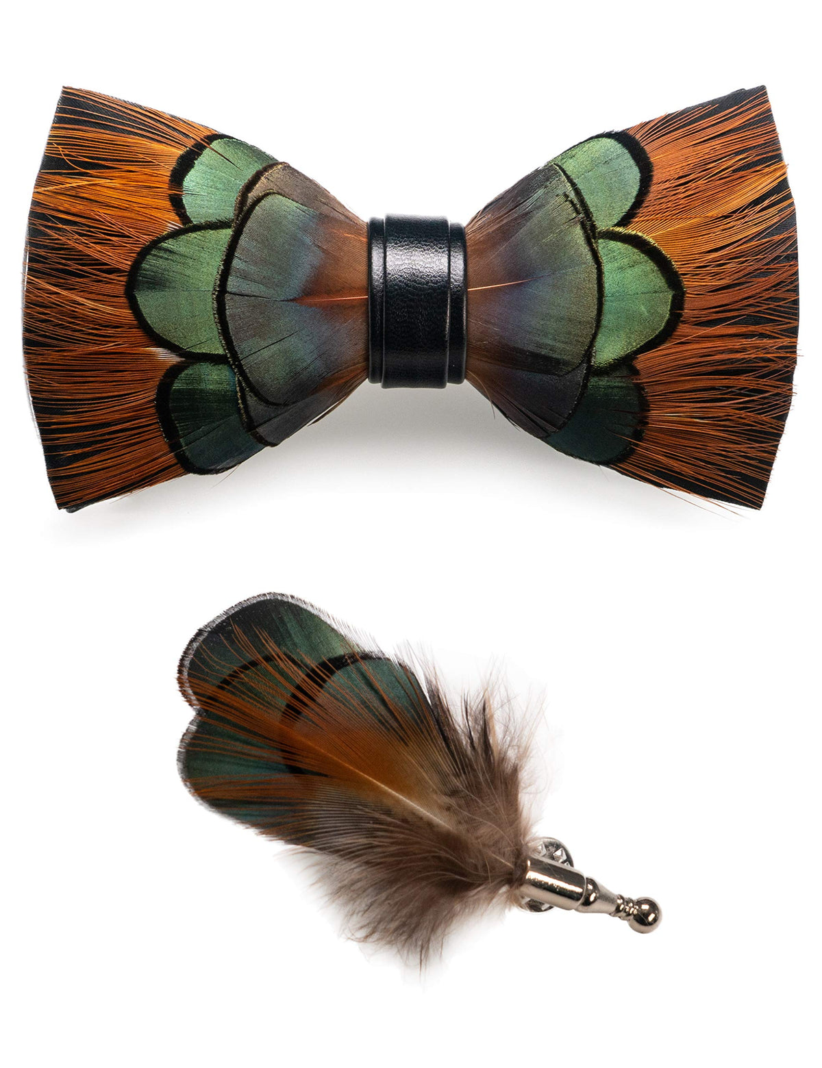 RBOCOTT Handmade Feather Pre-tied Bow tie and Brooch Sets for Men