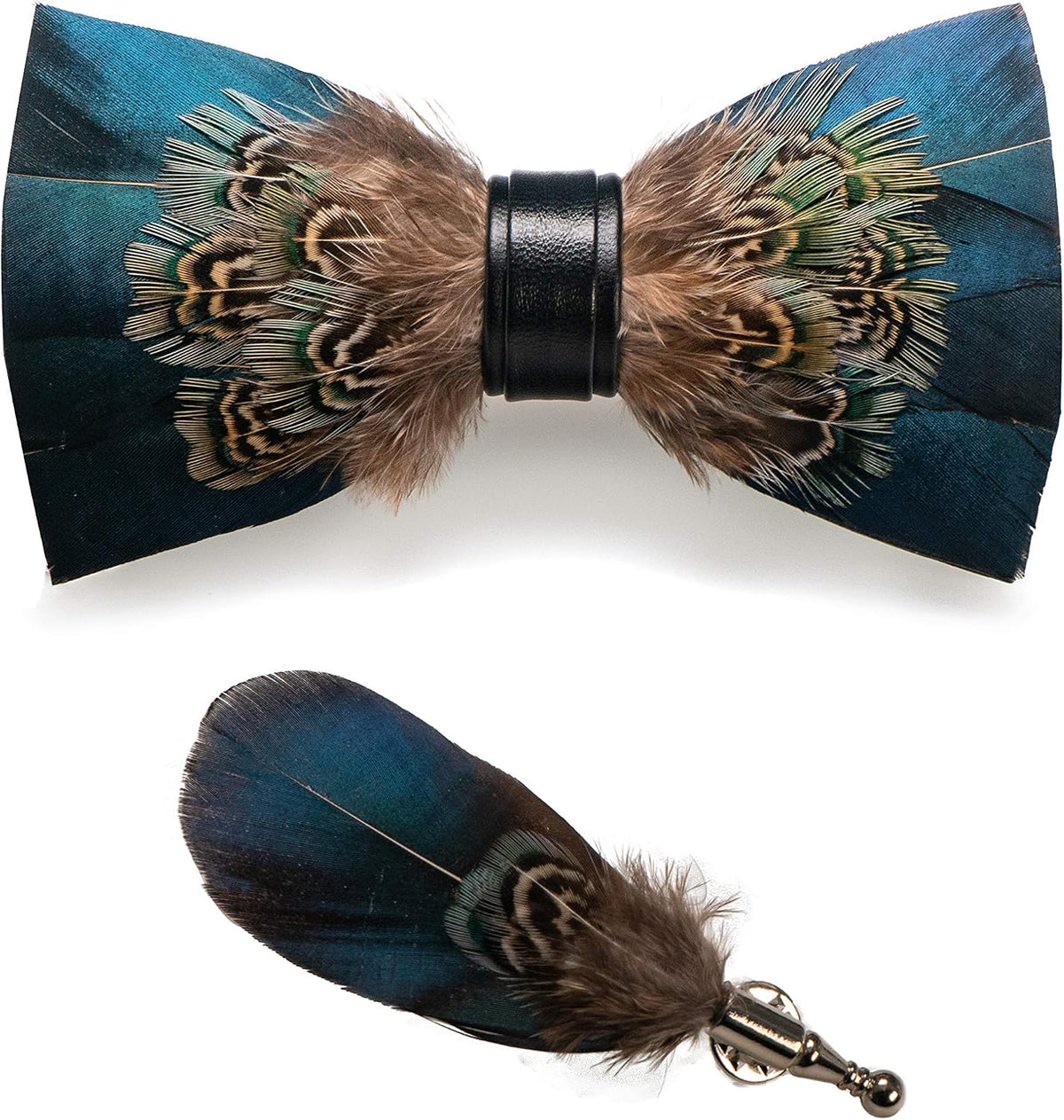 RBOCOTT Handmade Feather Pre-tied Bow tie and Brooch Sets for Men
