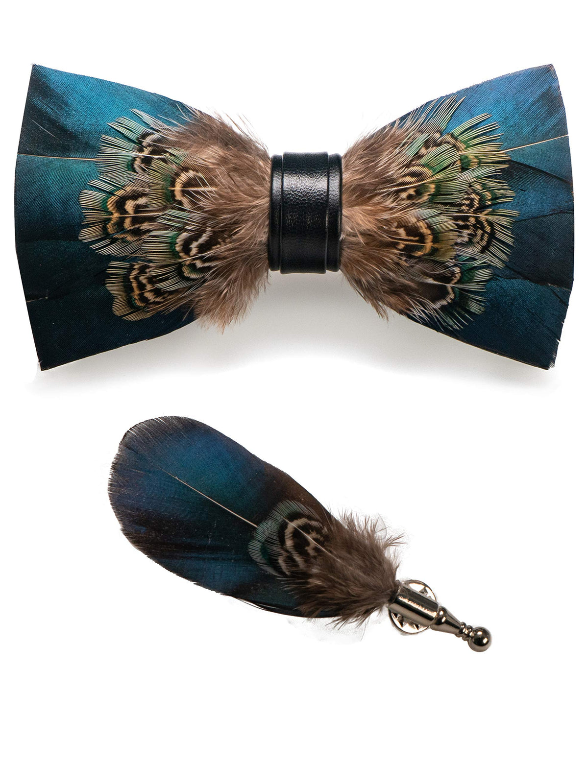 RBOCOTT Handmade Feather Pre-tied Bow tie and Brooch Sets for Men