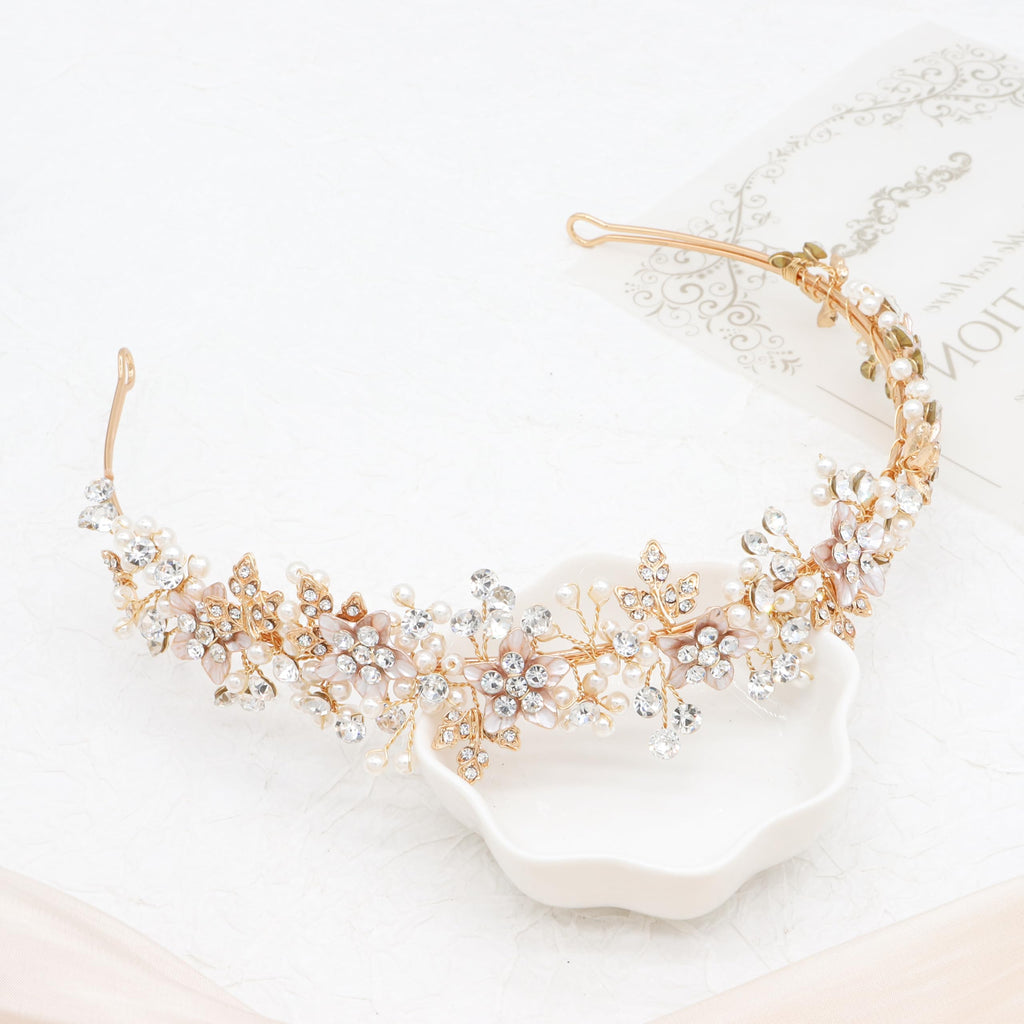 Oriamour Wedding Headbands Bridal Pearl and Crystal Floral Hair Accessories Bridal Headpieces For Bride Women Party Prom (Silver, 18'')