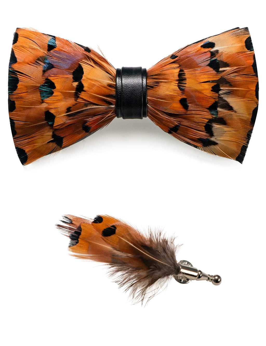 RBOCOTT Handmade Feather Pre-tied Bow tie and Brooch Sets for Men