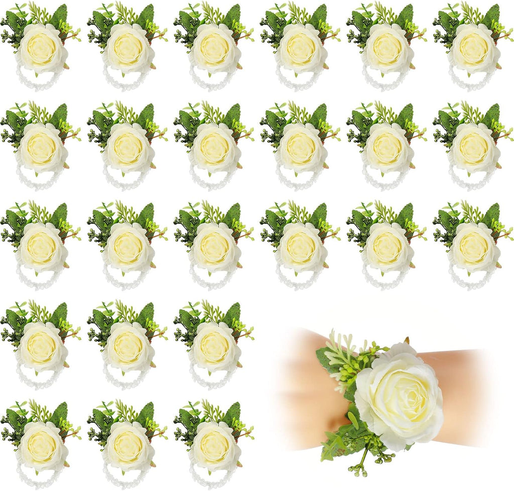 Sherr 24 Pcs Corsage Wristlet for Wedding Bridesmaid Women, White