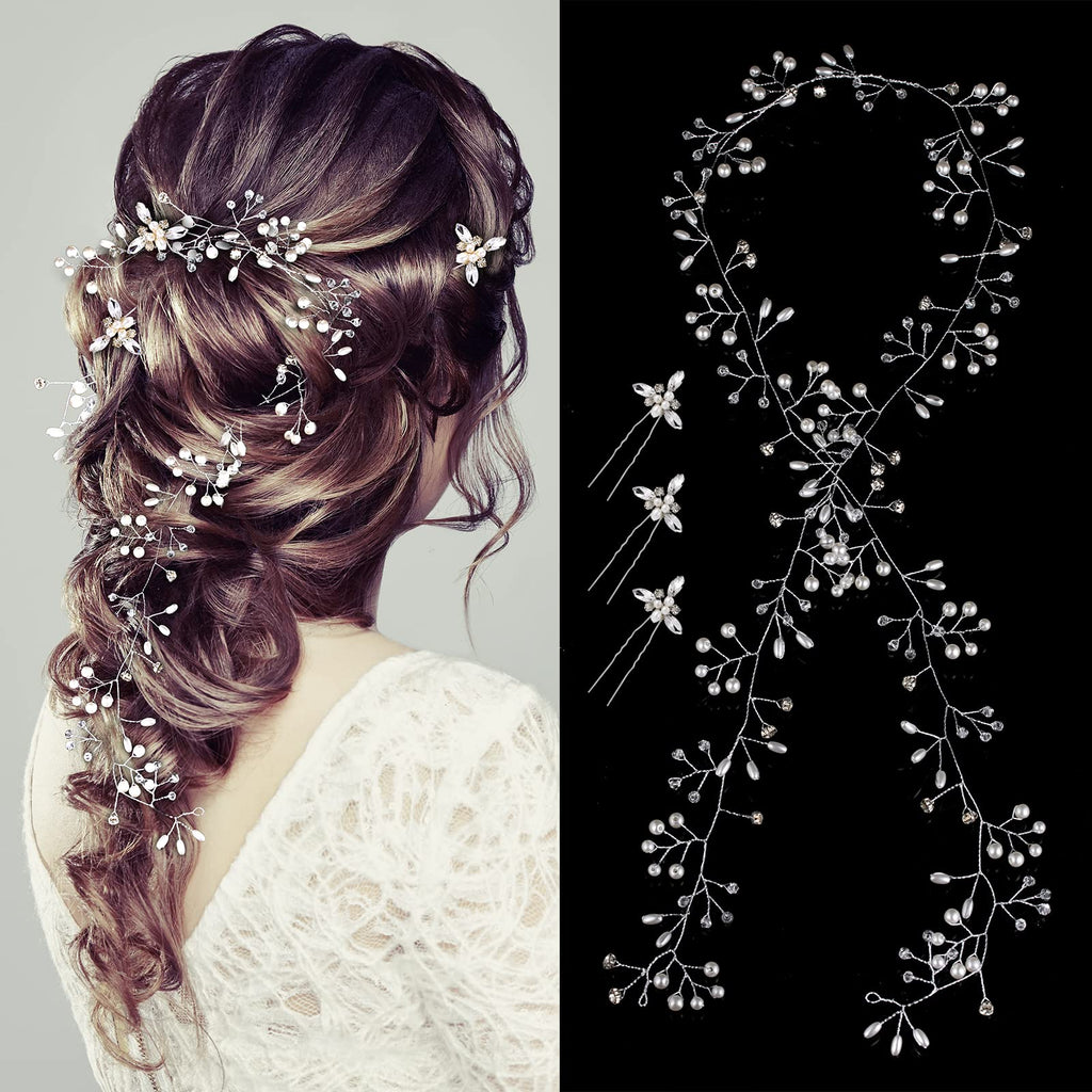 Wedding Hair Bridal Hair Accessories Pieces for Brides Hair Vine Crystal Extra Long Pearl and Beads Bridal Hair Vine Headband Head Pieces for Women and Girls (39inGold, 39in)