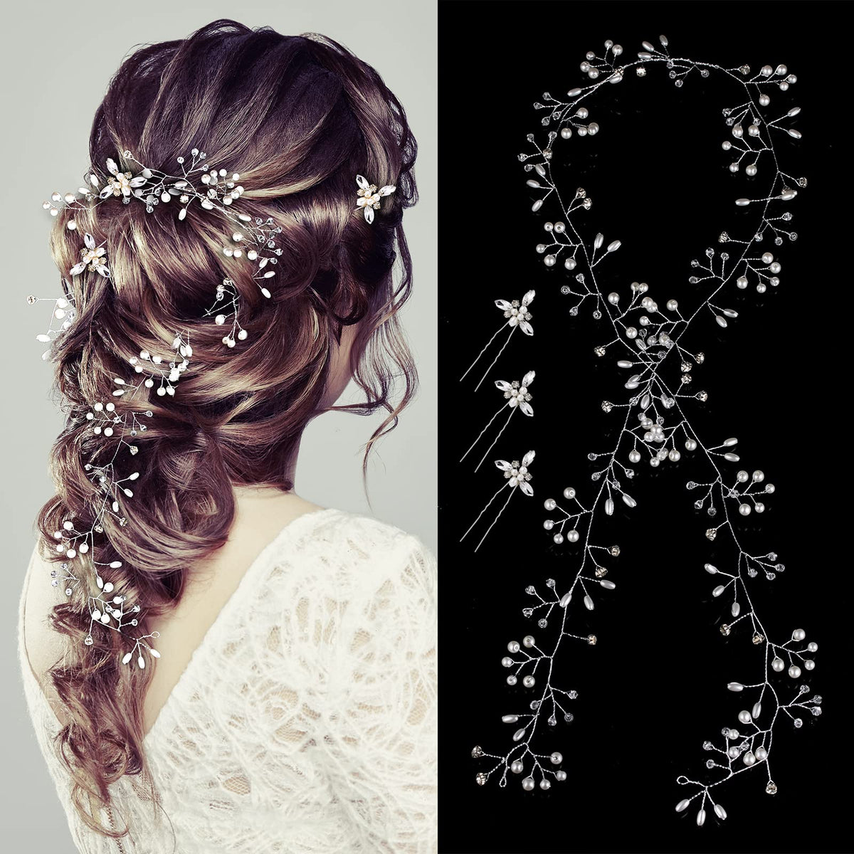 Wedding Hair Bridal Hair Accessories Pieces for Brides Hair Vine Crystal Extra Long Pearl and Beads Bridal Hair Vine Headband Head Pieces for Women and Girls (39inGold, 39in)