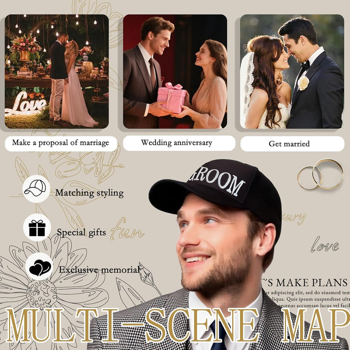 Men's Groom Hat, Wedding for Groomsman and Best Man, Adjustable Cap