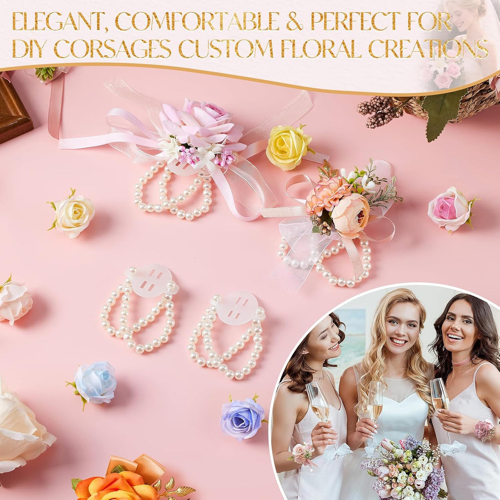 HIONXMGA Corsage Wristlet Band 4 Pcs Pearl Wrist Corsage Bracelets Bands