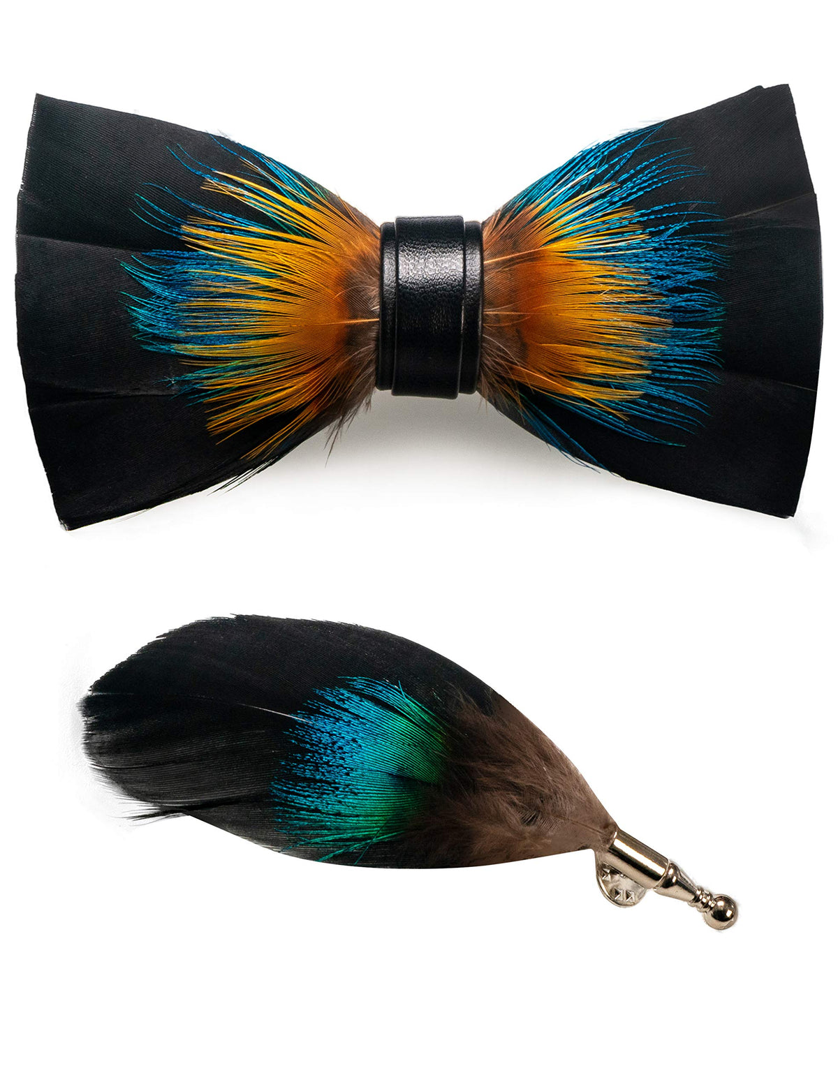 RBOCOTT Handmade Feather Pre-tied Bow tie and Brooch Sets for Men