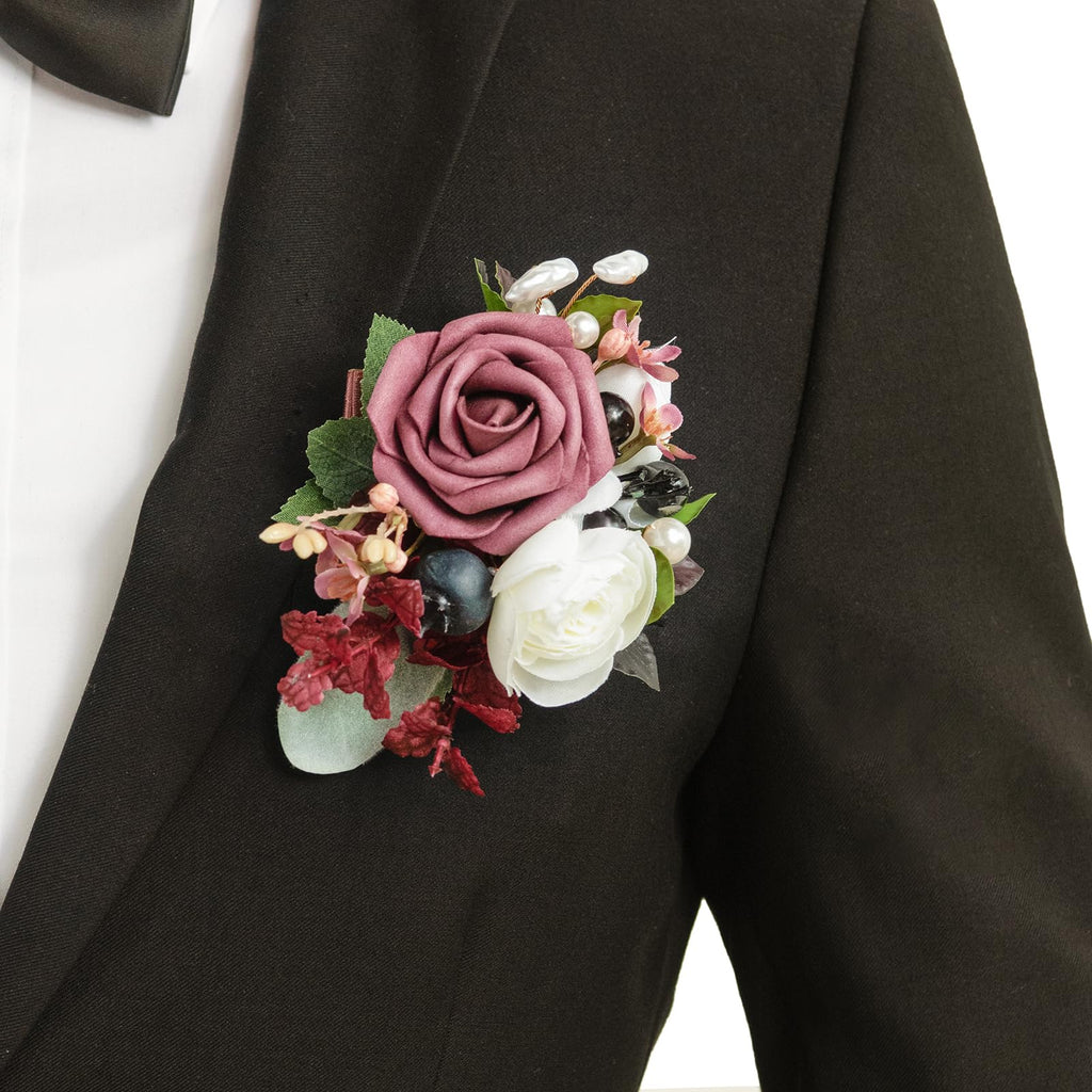 Ling's Moment Boutonniere for Men with Pin, White Ranunculus Ivory, 6"Wx5"H