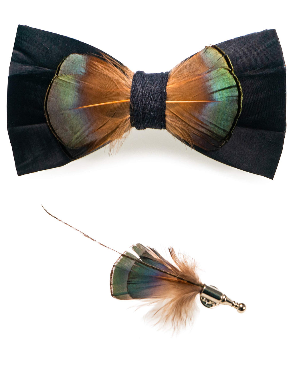RBOCOTT Handmade Feather Pre-tied Bow tie and Brooch Sets for Men