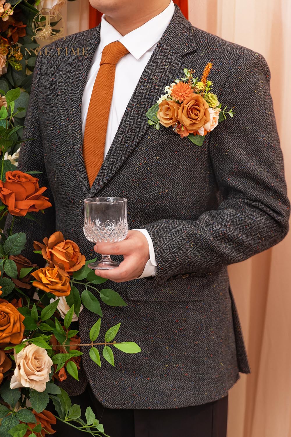 TINGE TIME Luxury Groom Boutonniere for Wedding, 1 PCS Pocket Boutonniere for Men Wedding, Prom, Homecoming, Anniversary, Graduation, Christmas Dinner (Terracotta)