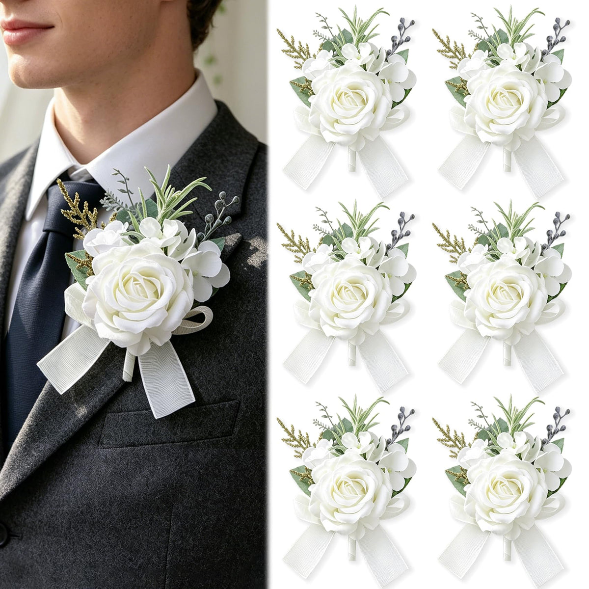 Women Champagne Faux Rose Wrist Corsages Set 6Pcs for Wedding Prom