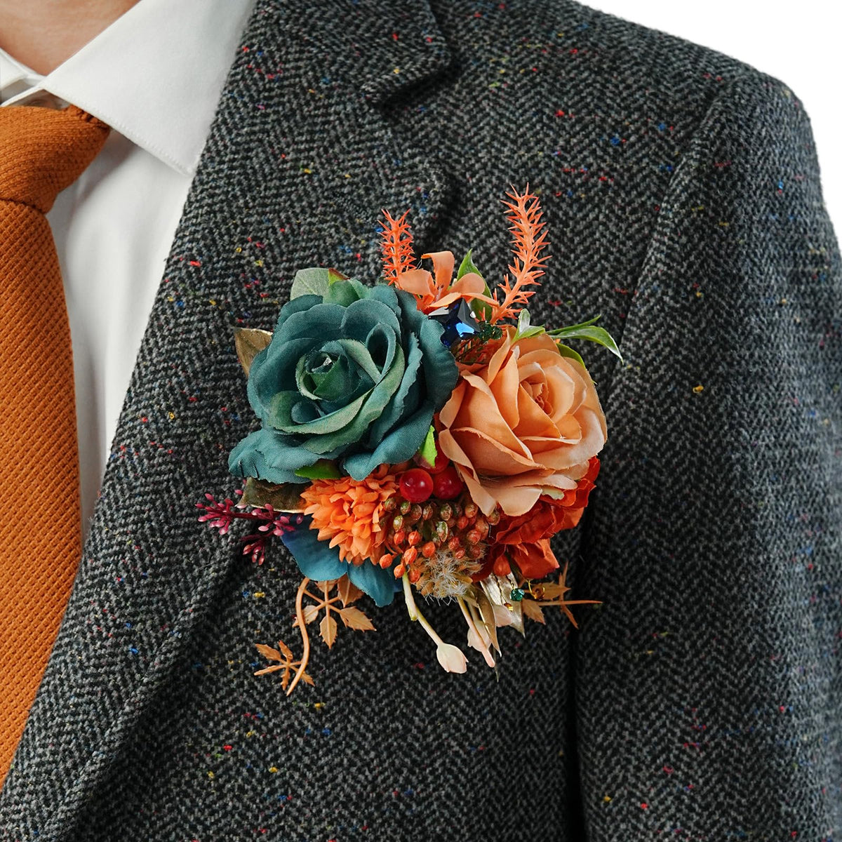 TINGE TIME Luxury Groom Boutonniere for Wedding, 1 PCS Pocket Boutonniere for Men Wedding, Prom, Homecoming, Anniversary, Graduation, Christmas Dinner (Terracotta)