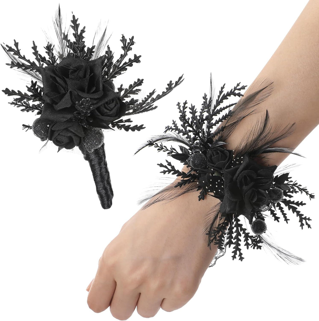 Corsage and Boutonniere Set - Black Wristlet for Men Prom Dark Wrist Corsage for Goth Wedding Ceremony