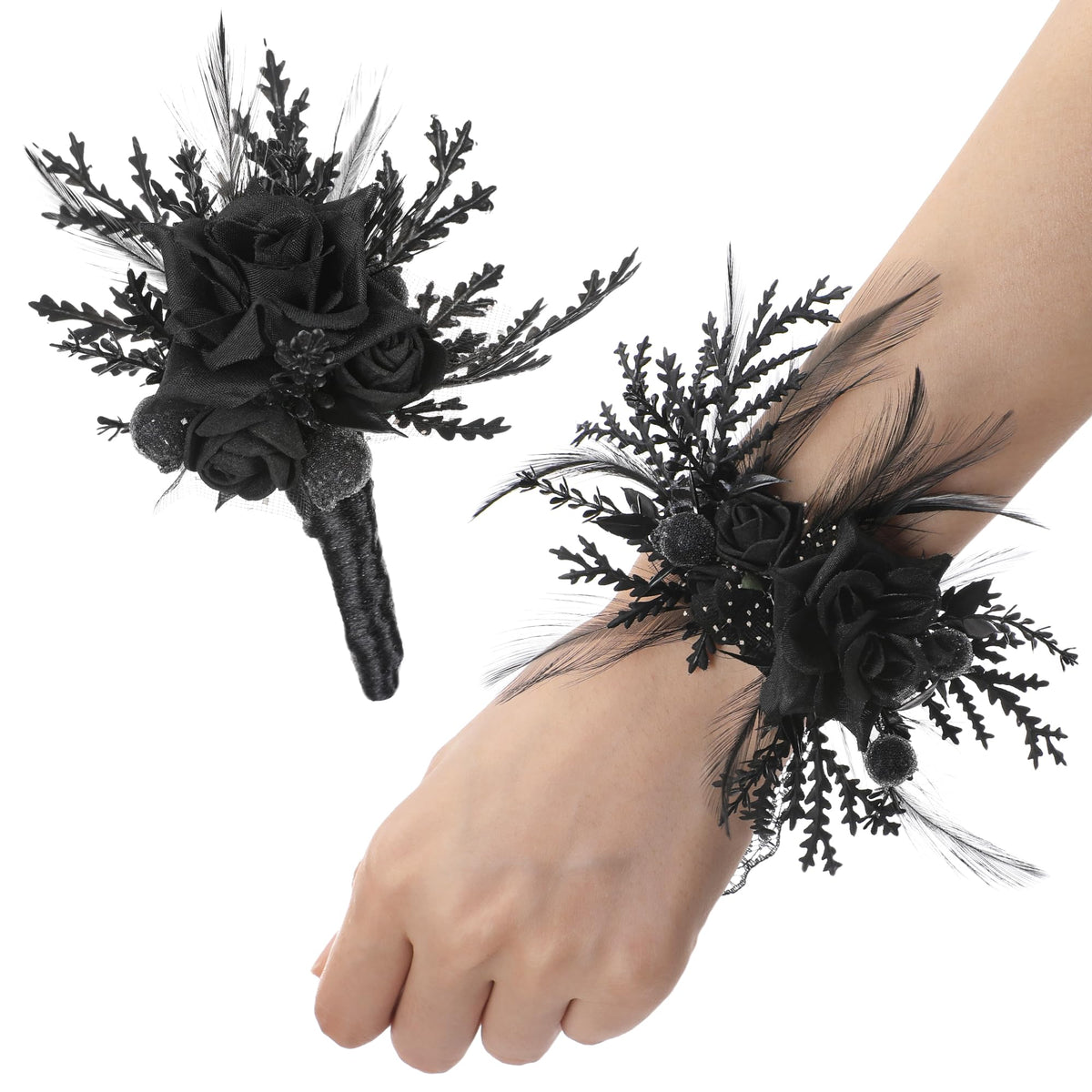 Corsage and Boutonniere Set - Black Wristlet for Men Prom Dark Wrist Corsage for Goth Wedding Ceremony