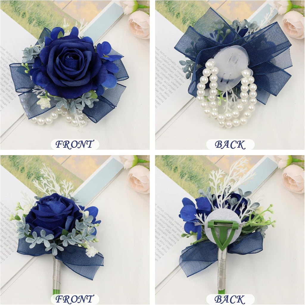 2 Pcs Blue Wrist Corsage and Boutonniere Set