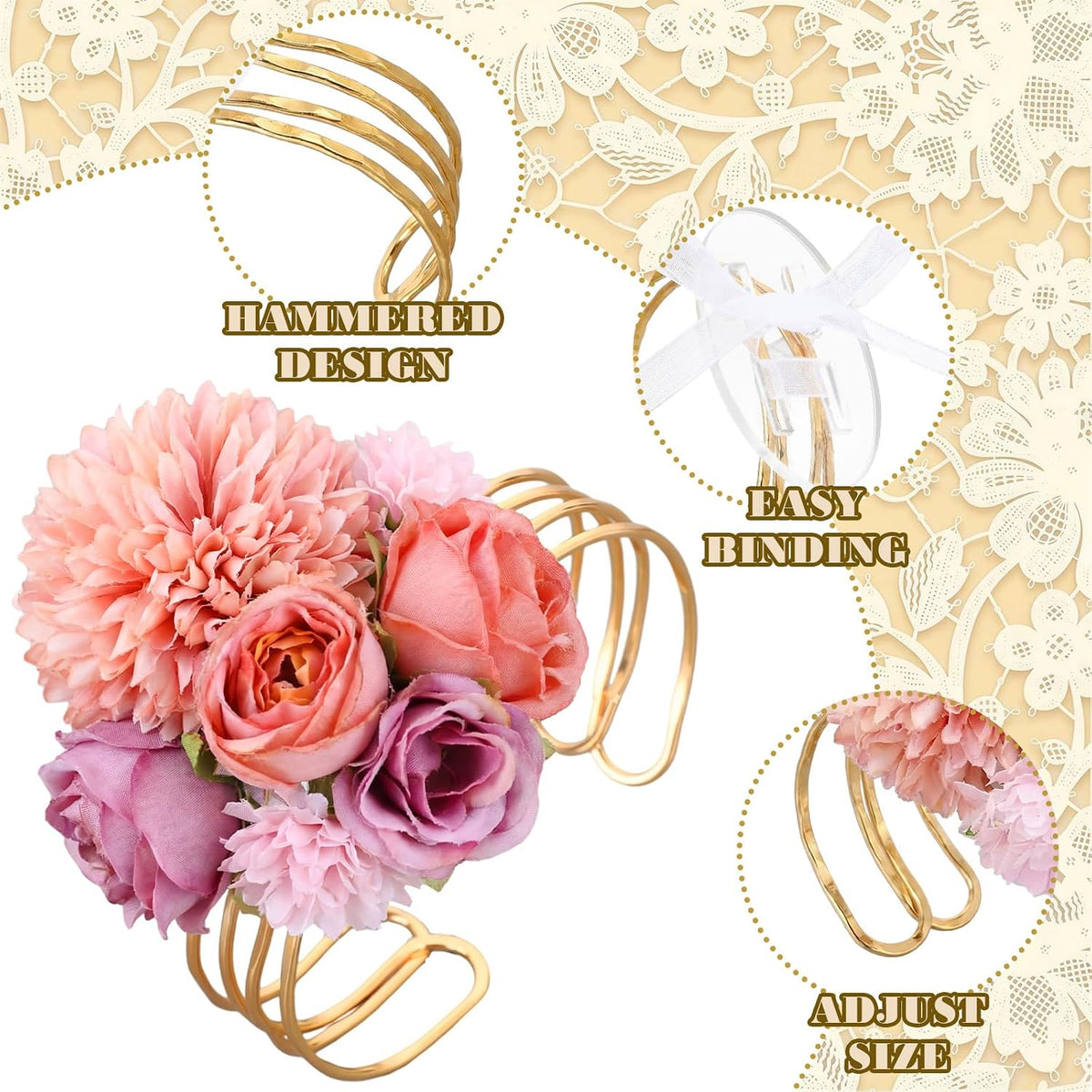 Hotop 4 Set Gold Hammered Wrist Corsage Bracelets Stackable Cuff