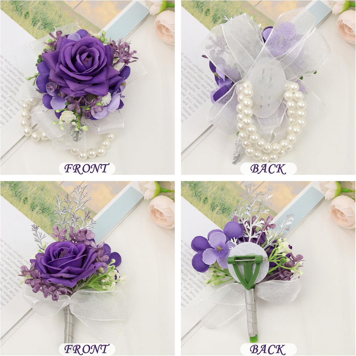 2 Pcs Purple Wrist Corsage and Boutonniere Set