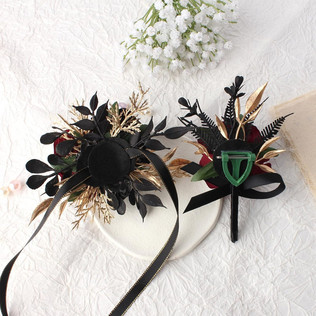 Burgundy and Black Wrist Corsage Wristlet and Boutonniere Set