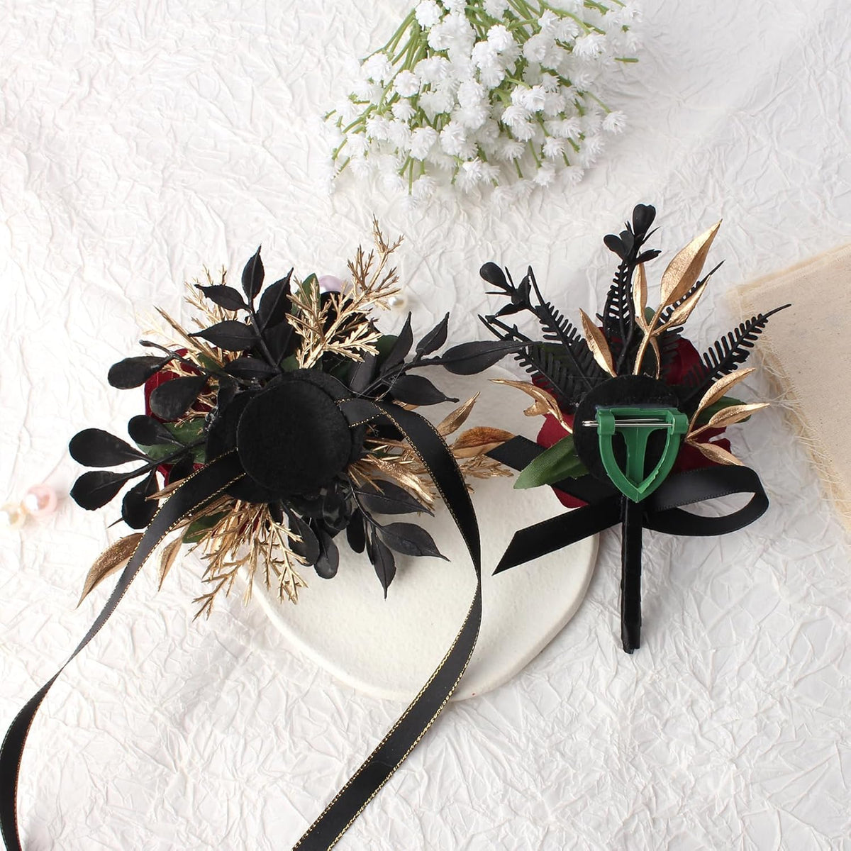 Burgundy and Black Wrist Corsage Wristlet and Boutonniere Set