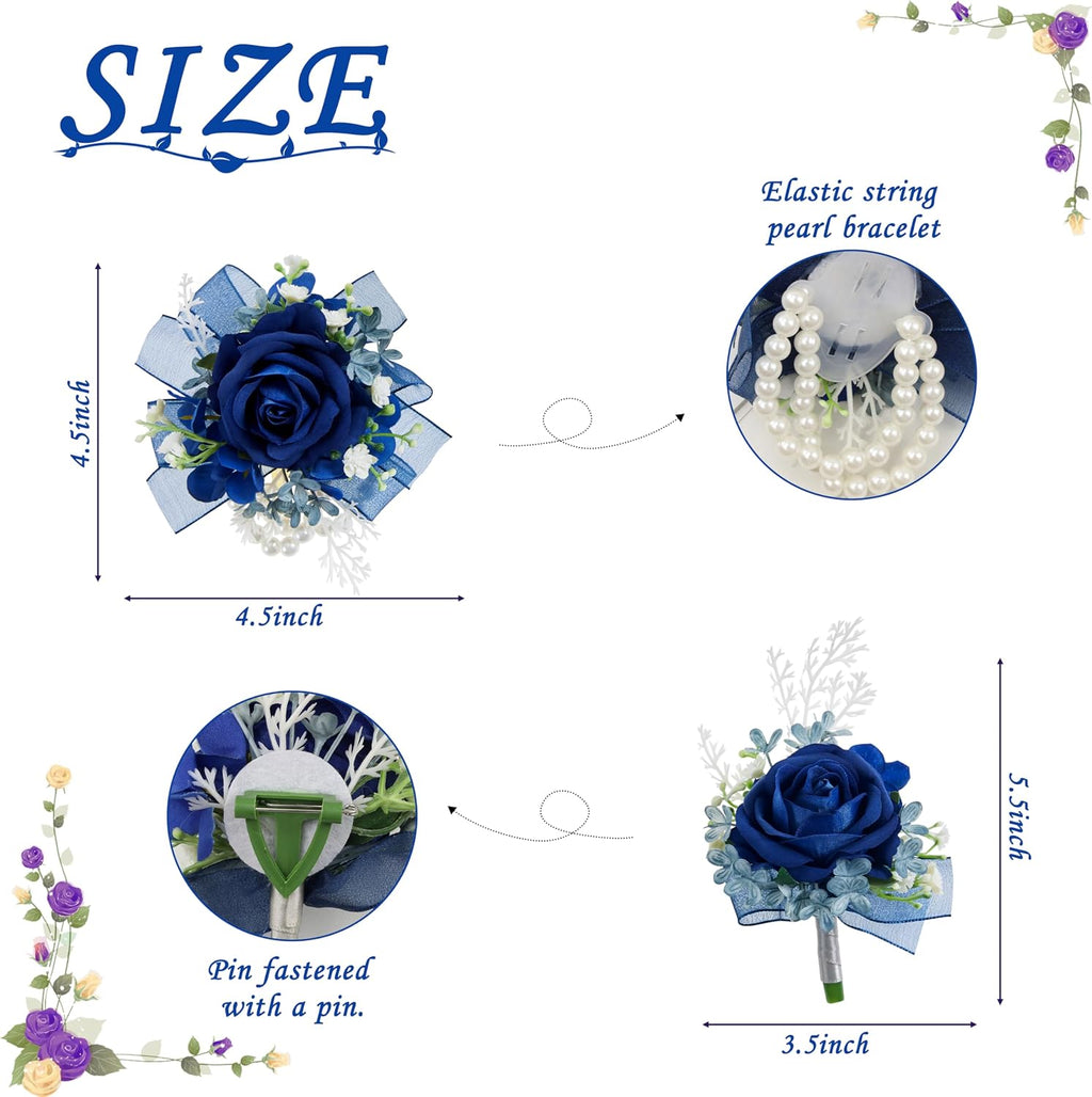 2 Pcs Blue Wrist Corsage and Boutonniere Set