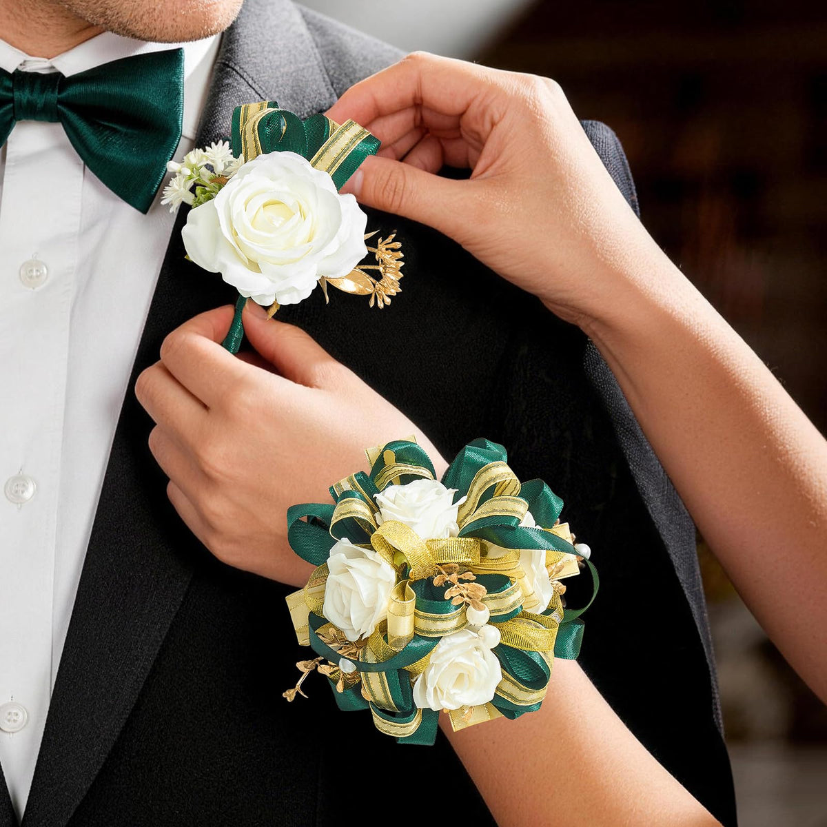 Red and Black Corsage and Boutonniere Set for Wedding Prom