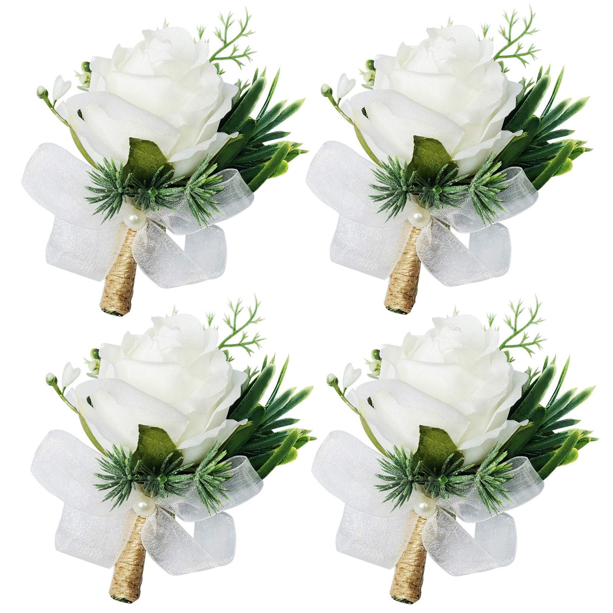 White Rose Wrist Flowers and Men's Corsage Wedding Flowers Ceremony,2Pcs Boutonniere Buttonholes and Wrist Corsage Wristband Roses Wrist Corsage (2pcs White Wrist Corsages)