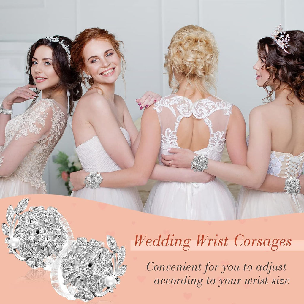 MTLEE 2 Pieces Rhinestone Wrist Corsage Wedding Corsage Wristlet Bracelet Silk Wrist Flower with Peal and Diamond for Wedding Bridesmaid Bridal Shower Prom Party