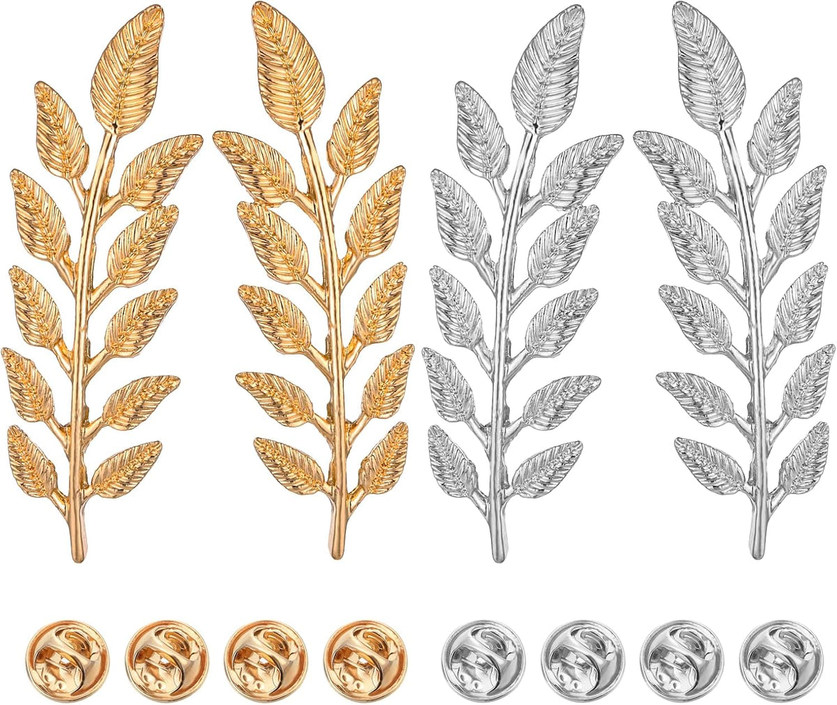 2 Pairs Gentlemen Suit Brooches Simple Gold Silver Wheat Leaf Lapel Pins