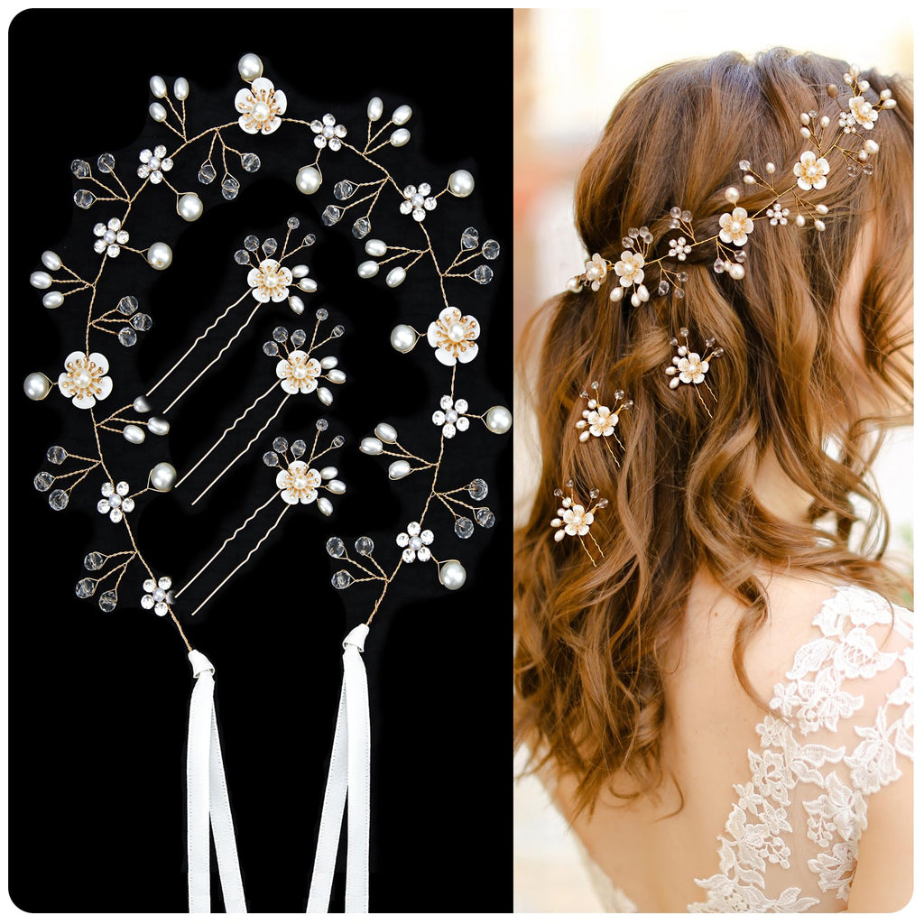Wedding Hair Bridal Hair Accessories Pieces for Brides Hair Vine Crystal Extra Long Pearl and Beads Bridal Hair Vine Headband Head Pieces for Women and Girls (39inGold, 39in)