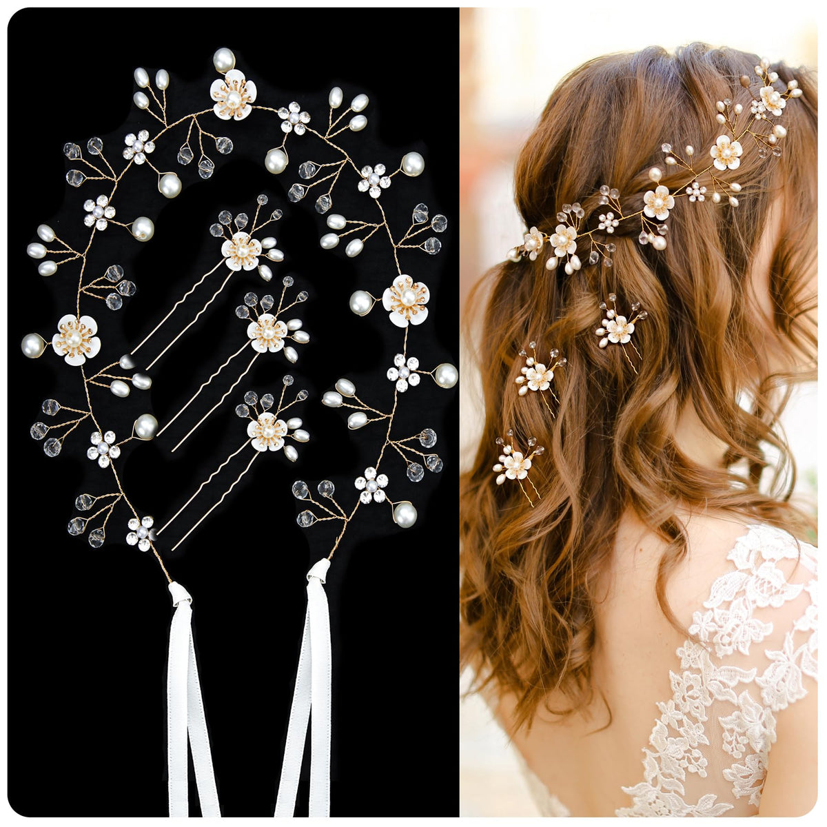 Wedding Hair Bridal Hair Accessories Pieces for Brides Hair Vine Crystal Extra Long Pearl and Beads Bridal Hair Vine Headband Head Pieces for Women and Girls (39inGold, 39in)