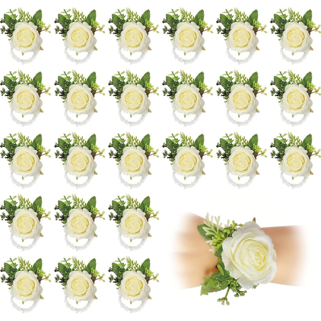 Sherr 24 Pcs Corsage Wristlet for Wedding Bridesmaid Women, White
