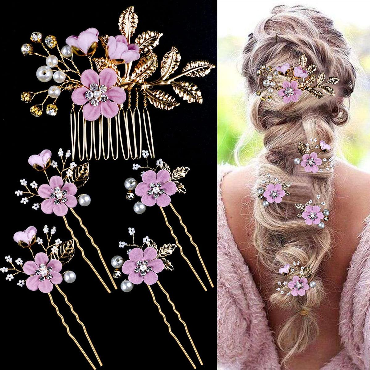 5 PCS Bridal Flower Wedding Hair Pins Crystal Pearl Hair Clips Headpiece Gold Wedding Hair Accessories Jewelry with Rhinestone for Brides Bridesmaids Women Girls Updo, Special Cream Blue