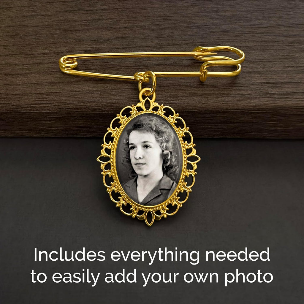 Gold Wedding Bouquet Photo Charm Pin for Bridal Bouquet or Boutonniere Memorial for Mother Father of The Bride or Groom Wedding Accessory