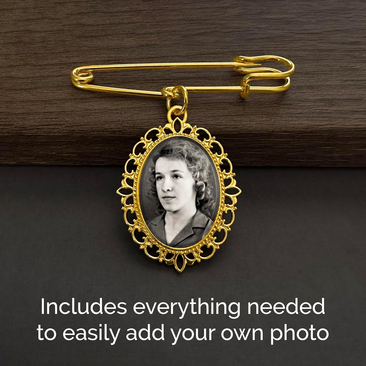 Gold Wedding Bouquet Photo Charm Pin for Bridal Bouquet or Boutonniere Memorial for Mother Father of The Bride or Groom Wedding Accessory