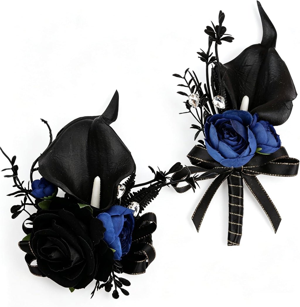 Black Rose Corsage & Boutonniere Set for Wedding
