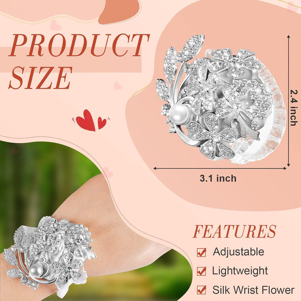 MTLEE 2 Pieces Rhinestone Wrist Corsage Wedding Corsage Wristlet Bracelet Silk Wrist Flower with Peal and Diamond for Wedding Bridesmaid Bridal Shower Prom Party